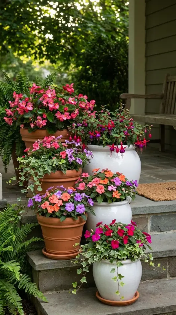 Terracotta and white ceramic pots with colorful shade flowers on front porch steps.
