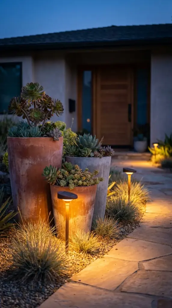 Upcycled planter clusters lit by warm solar landscape lighting along a xeriscape path at night.