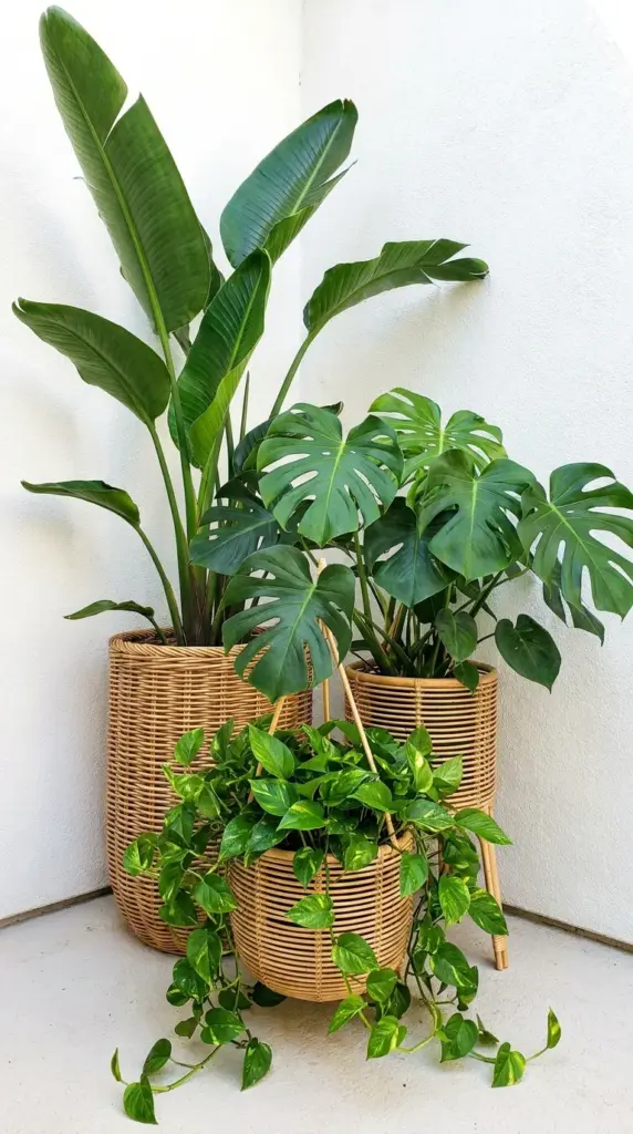A trio of tall and trailing potted plants clustered together to style an empty patio corner.