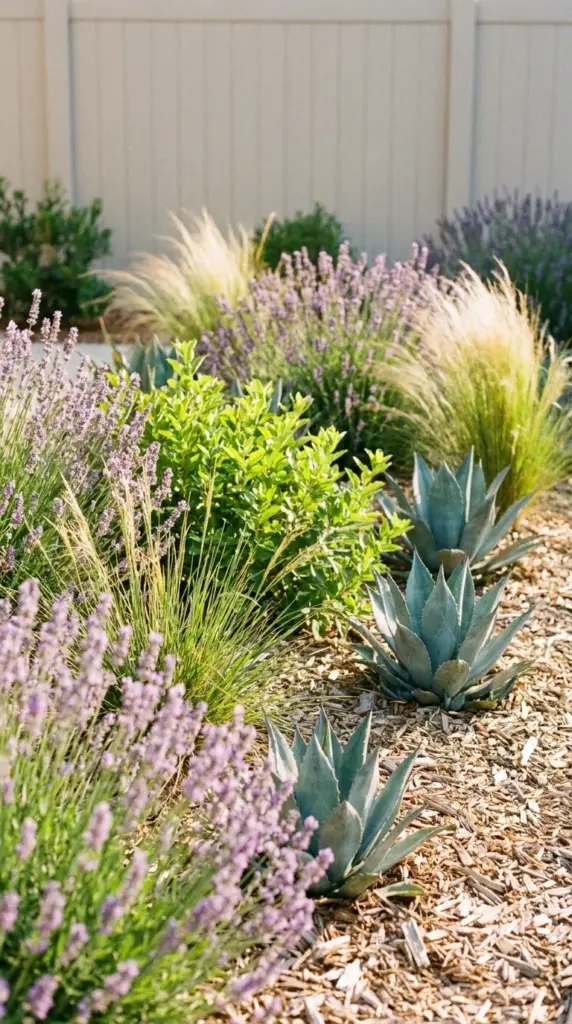 How to Design a Modern Drought Tolerant Landscape Without Overspending: The One Overlooked Flaw to Avoid 3 Beautiful drought resistant shrubs and ornamental grasses including agaves and lavender plants in a water-efficient yard.