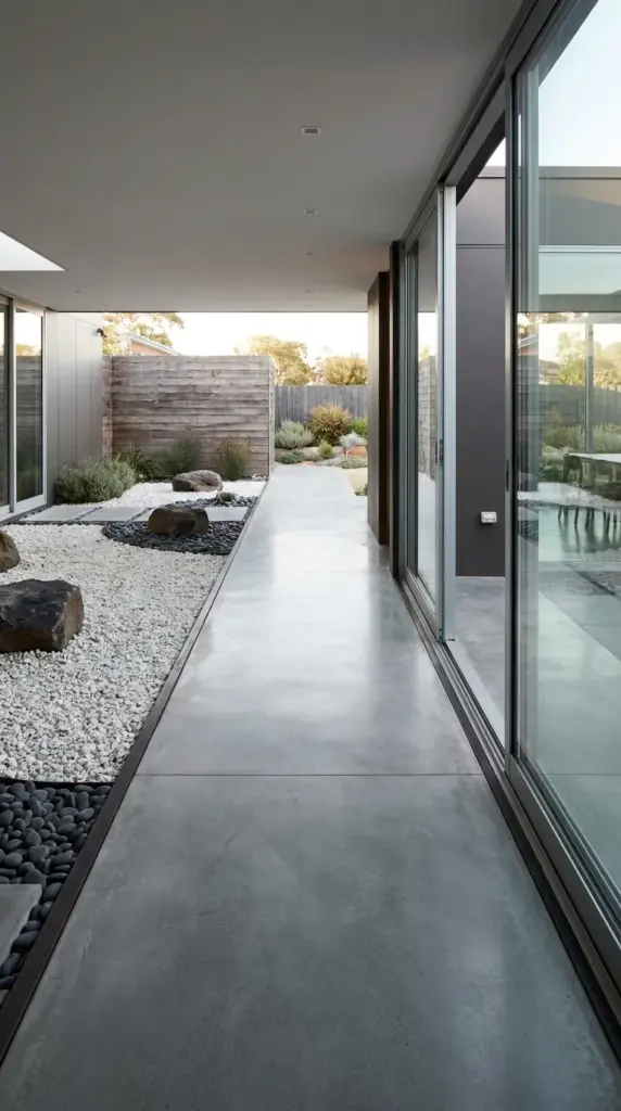 Industrial raw concrete path and white gravel mulch background in a modern xeriscape garden design.