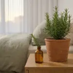 Lush potted rosemary plant on a modern bedroom nightstand next to a linen bed under soft evening light.