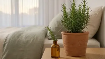 Lush potted rosemary plant on a modern bedroom nightstand next to a linen bed under soft evening light.