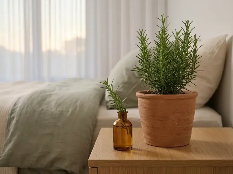 Lush potted rosemary plant on a modern bedroom nightstand next to a linen bed under soft evening light.