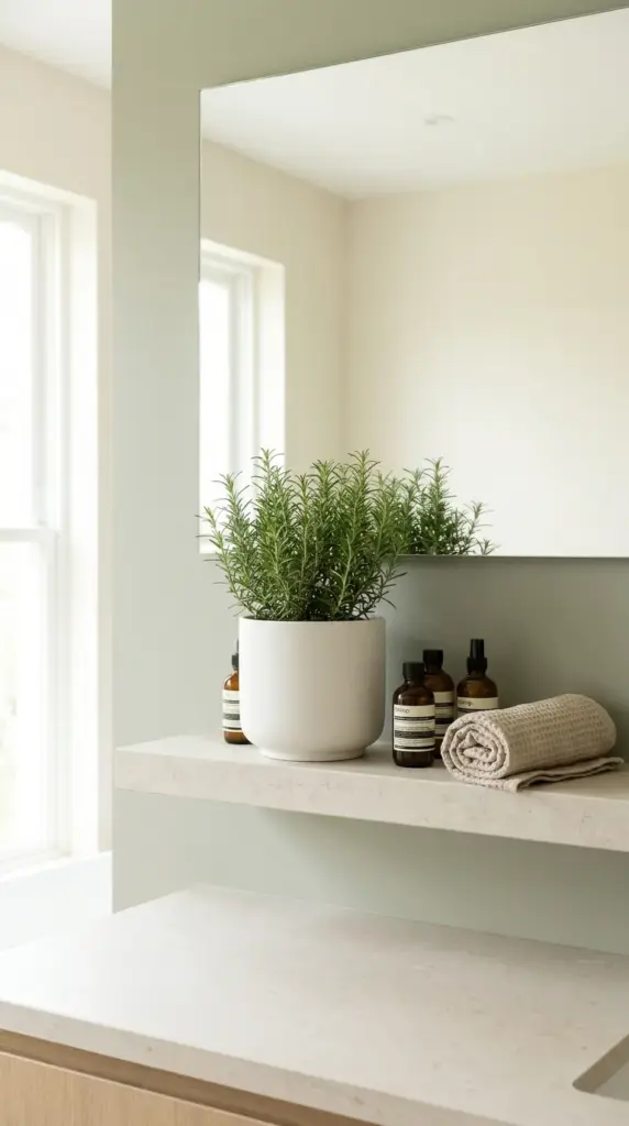 Modern bathroom vanity styled with a lush potted rosemary plant, linen towel, and natural self-care products.