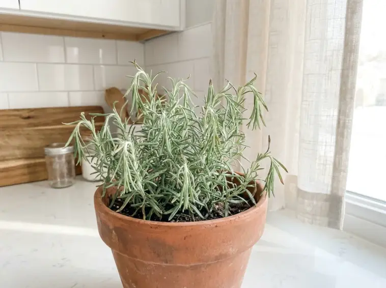 A potted rosemary plant with slightly wilting leaves sitting in a bright, modern minimalist kitchen, highlighting early signs of root rot.