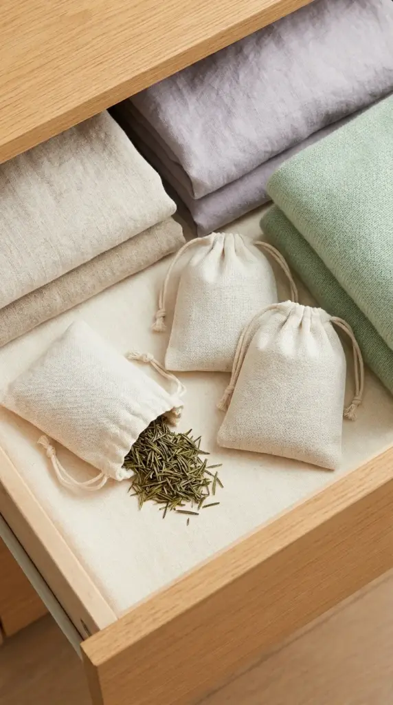 Homemade linen sachets filled with dried rosemary sitting inside an organized clothing drawer.