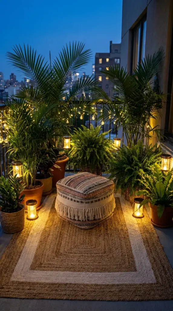 Cozy bohemian balcony seating area surrounded by plants and illuminated by romantic fairy lights at night.