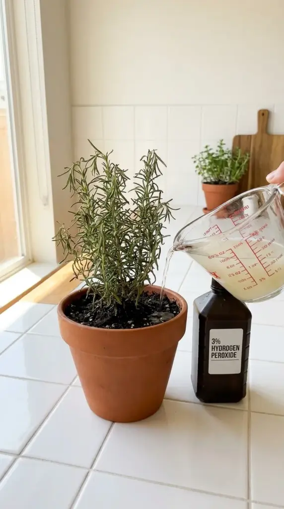 Pouring a diluted hydrogen peroxide mixture into rosemary soil to rescue roots from rot.