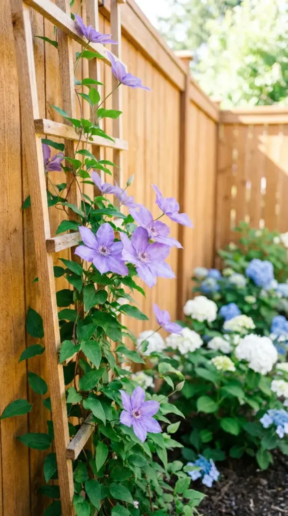Non-invasive clematis climbing vines growing on a detached trellis along a cedar fence.
