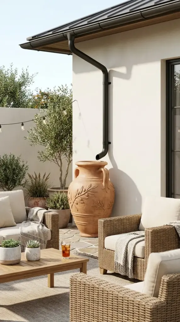 A stylish rainwater harvesting systems vessel disguised as a modern terracotta urn on a patio.