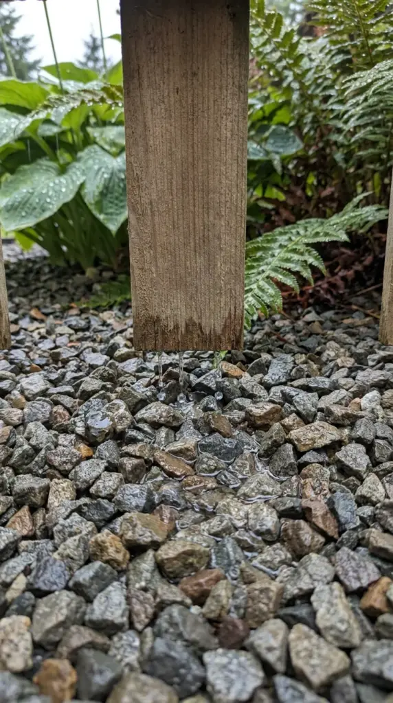 Rainwater properly draining through landscaping rocks at the base of a fence post to prevent wood rot and water pooling.