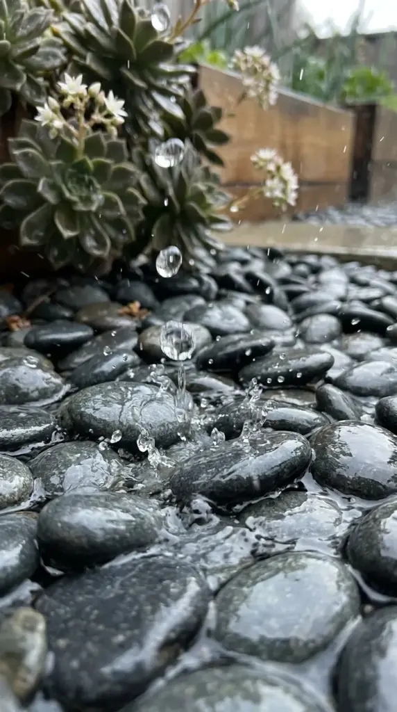 Close up of rainwater on gravel mulch drainage layer in a front yard rock garden.