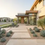 Beautiful modern low-water xeriscape front yard design featuring premium curb appeal ideas.