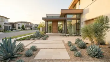 Beautiful modern low-water xeriscape front yard design featuring premium curb appeal ideas.