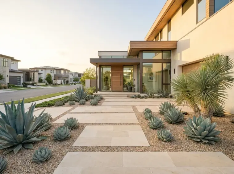 Beautiful modern low-water xeriscape front yard design featuring premium curb appeal ideas.