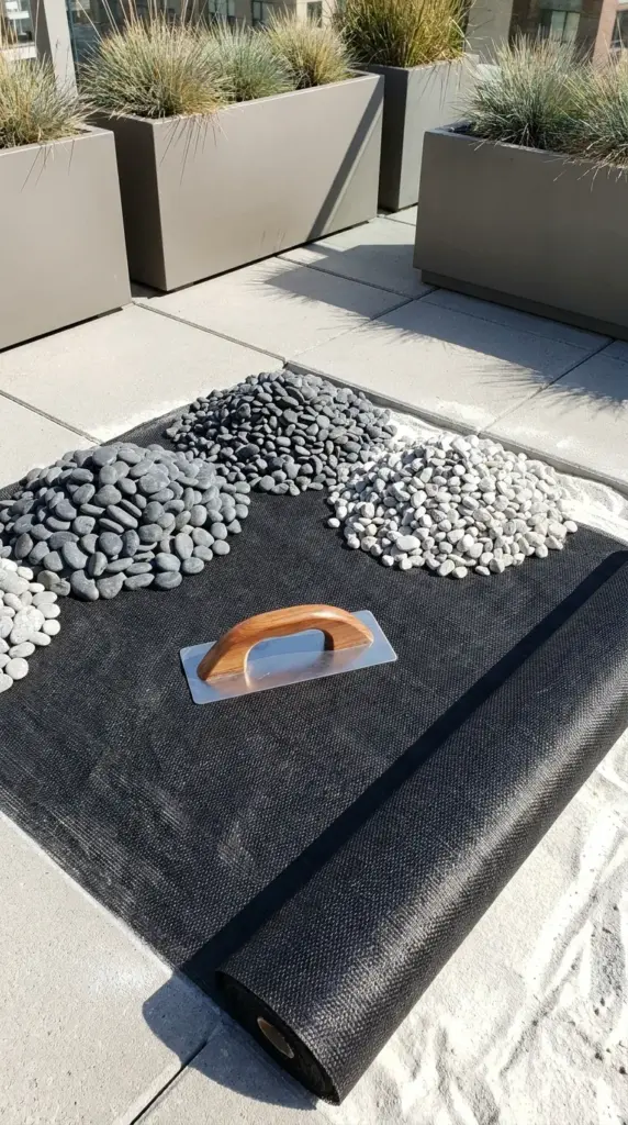 Why Woven Landscape Fabric is a Hidden Threat to an Established Drought Tolerant Landscape over Time (And What to Use Instead) 3 A freshly laid roll of black woven weed barrier cloth in a modern minimalist rock garden.