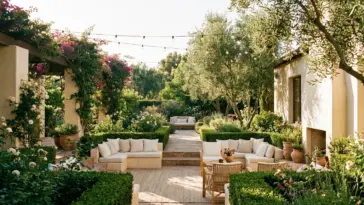 A spacious roofless patio design featuring modern outdoor seating and lush backyard greenery under an open sky.