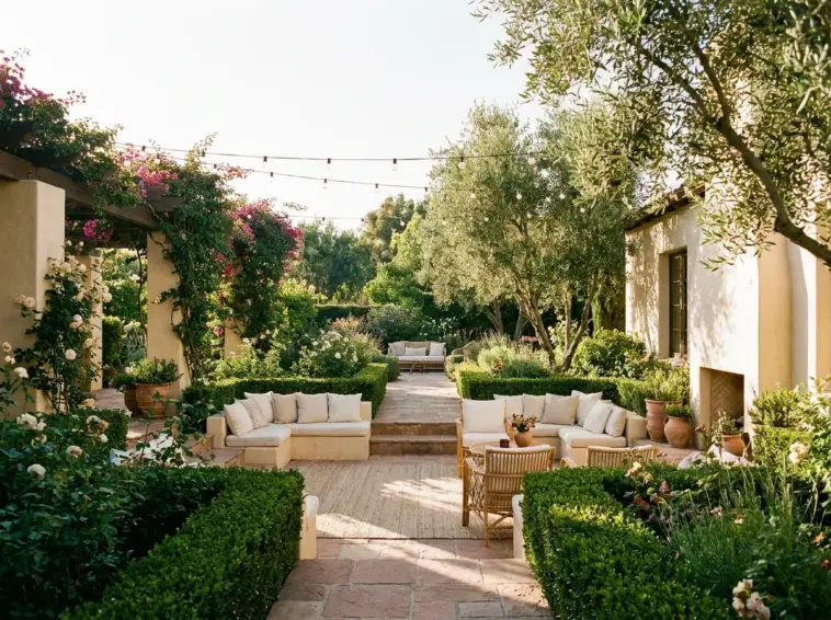 A spacious roofless patio design featuring modern outdoor seating and lush backyard greenery under an open sky.