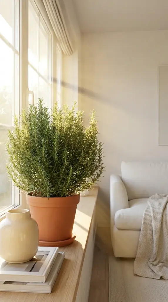 A potted rosemary plant placed on a sunny window sill receiving direct sunlight for optimal growth.