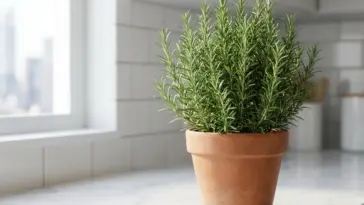 A thriving indoor rosemary herb plant growing in a terracotta pot on a bright kitchen counter.