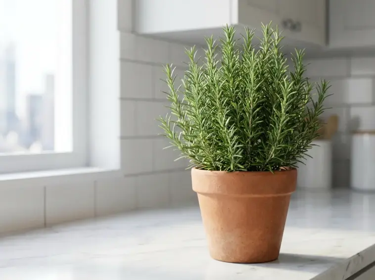 A thriving indoor rosemary herb plant growing in a terracotta pot on a bright kitchen counter.