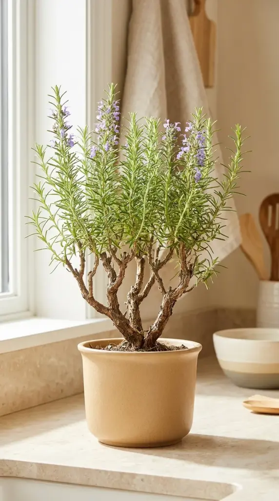 A healthy potted rosemary plant showing the clear boundary between old woody stems and fresh green top growth.