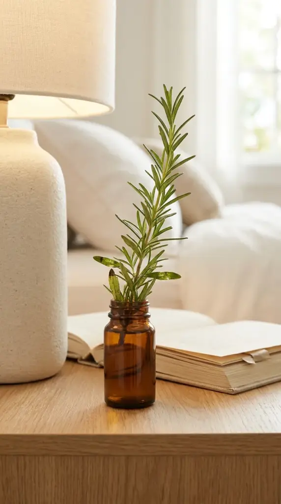 A fresh rosemary clipping in an amber bud vase on a bedside nightstand for sleep aromatherapy.