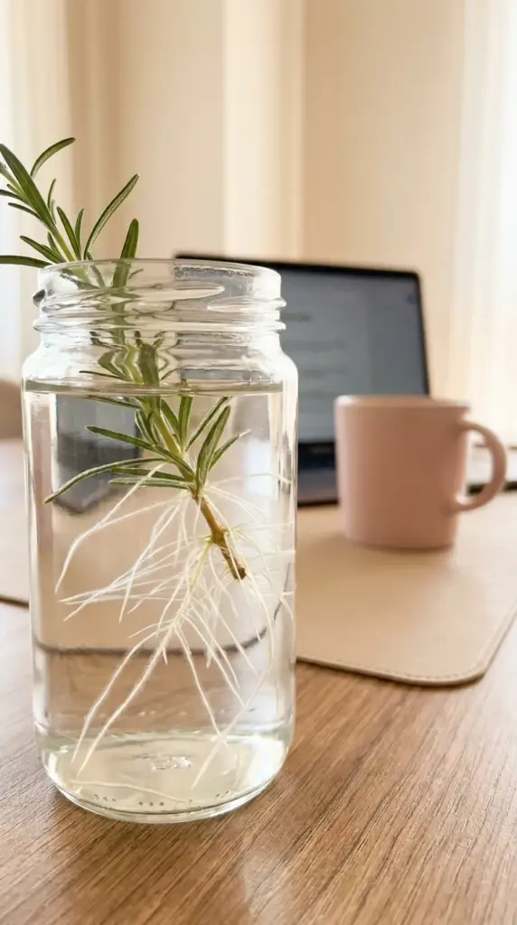 Healthy white root development on a rosemary plant cutting growing in a clear water jar.