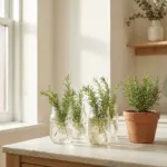A bright and airy kitchen counter showing rosemary plant propagation in clear glass jars and a small terracotta pot.