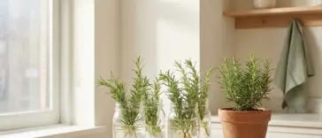 A bright and airy kitchen counter showing rosemary plant propagation in clear glass jars and a small terracotta pot.