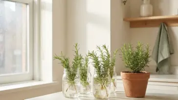 A bright and airy kitchen counter showing rosemary plant propagation in clear glass jars and a small terracotta pot.