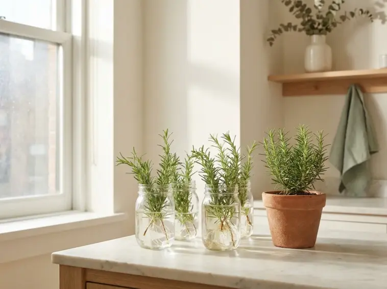 A bright and airy kitchen counter showing rosemary plant propagation in clear glass jars and a small terracotta pot.