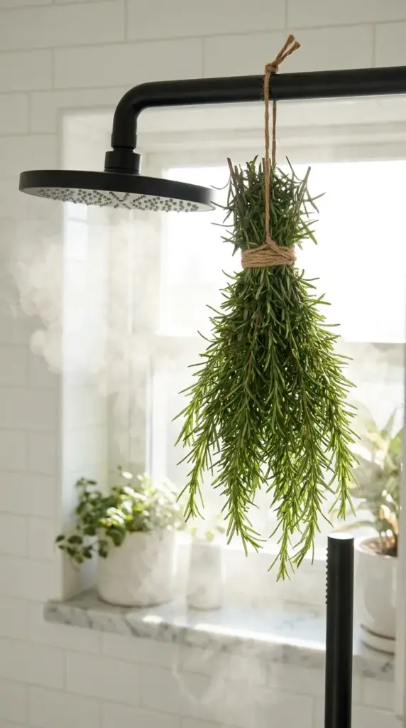 9 Hidden Home Uses for Your Rosemary Plant (What Happens to Your Air Quality When You Clip It Before Bed…) 3 Fresh rosemary shower bundle tied with twine hanging in a steamy modern bathroom.