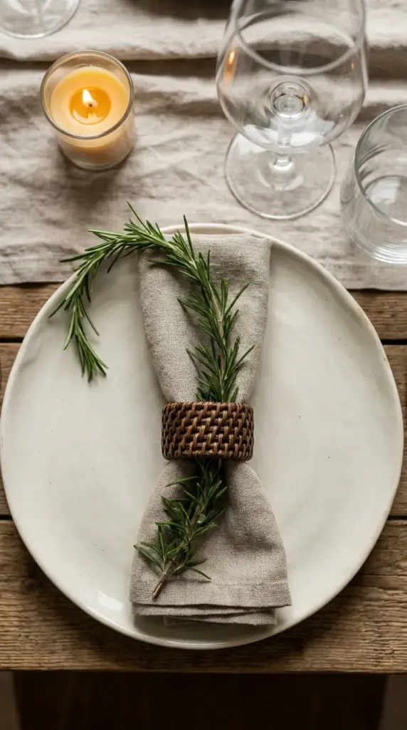 Minimalist table setting featuring a fresh rosemary sprig used as a natural napkin ring on a linen napkin.
