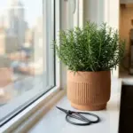 A vibrant rosemary plant in a terracotta pot on a sunlit kitchen windowsill next to modern pruning shears.