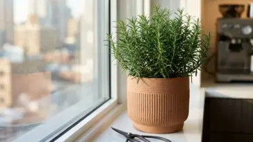 A vibrant rosemary plant in a terracotta pot on a sunlit kitchen windowsill next to modern pruning shears.