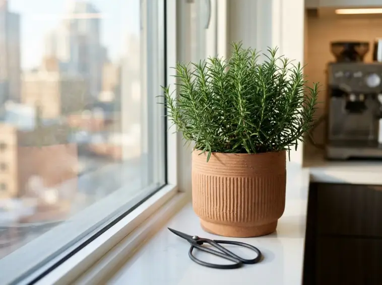 A vibrant rosemary plant in a terracotta pot on a sunlit kitchen windowsill next to modern pruning shears.