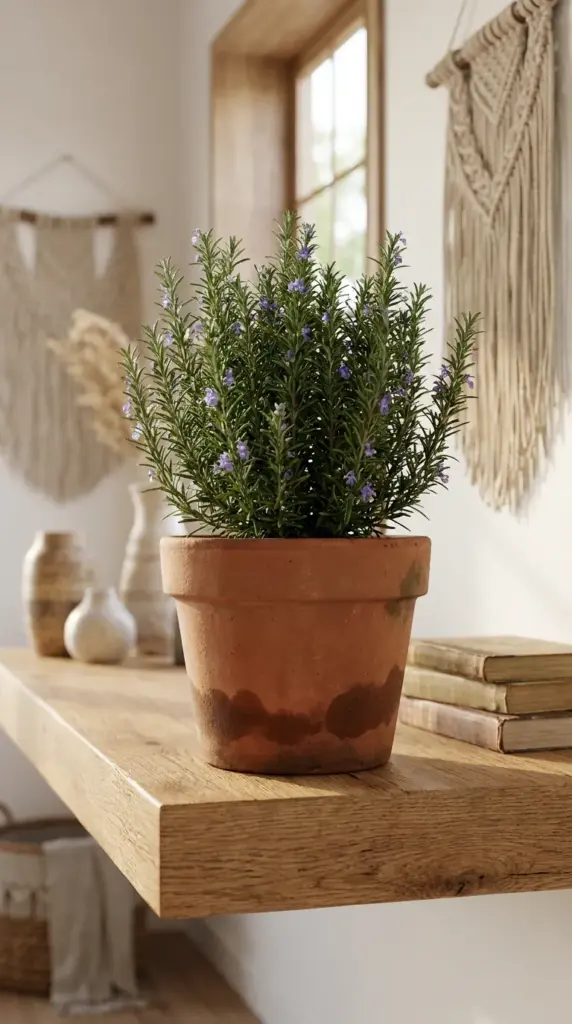 A healthy rosemary herb growing in a classic unglazed terracotta pot for natural moisture control.