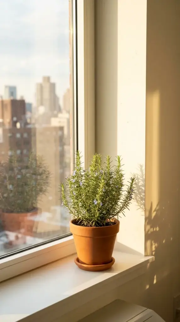 7 Simple Care Hacks for a Vibrant Rosemary Plant (The 2-Second Snip That Explodes Growth) 3 An indoor rosemary plant receiving direct sunlight on a bright kitchen windowsill.