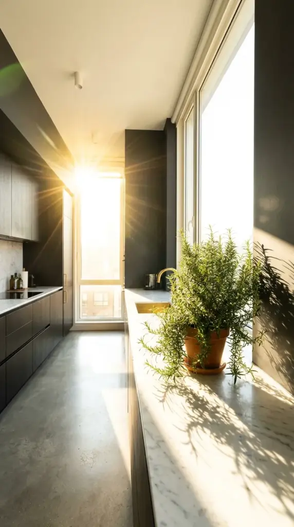 An indoor potted rosemary plant receiving direct sunlight next to a south-facing kitchen window.