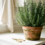A vibrant rosemary plant in an earthy terracotta pot on a bright, modern kitchen counter with brass pruning shears.