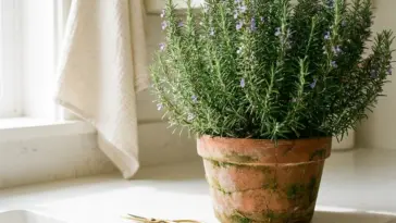 A vibrant rosemary plant in an earthy terracotta pot on a bright, modern kitchen counter with brass pruning shears.
