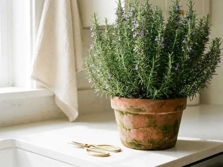 A vibrant rosemary plant in an earthy terracotta pot on a bright, modern kitchen counter with brass pruning shears.