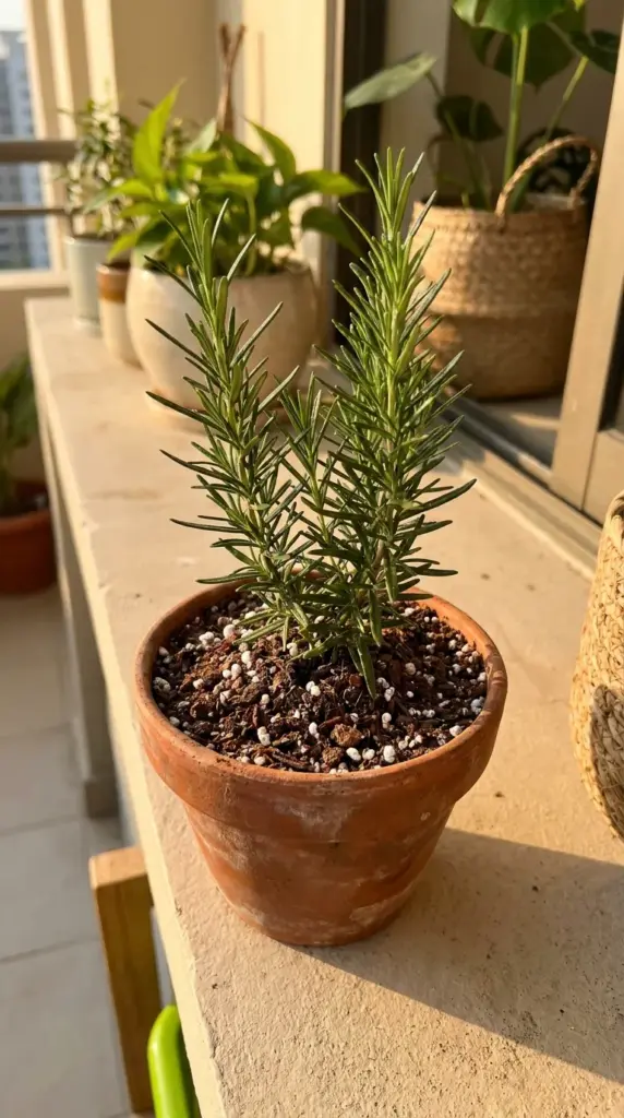 A freshly potted rosemary cutting thriving in a small terracotta container with well-draining soil.