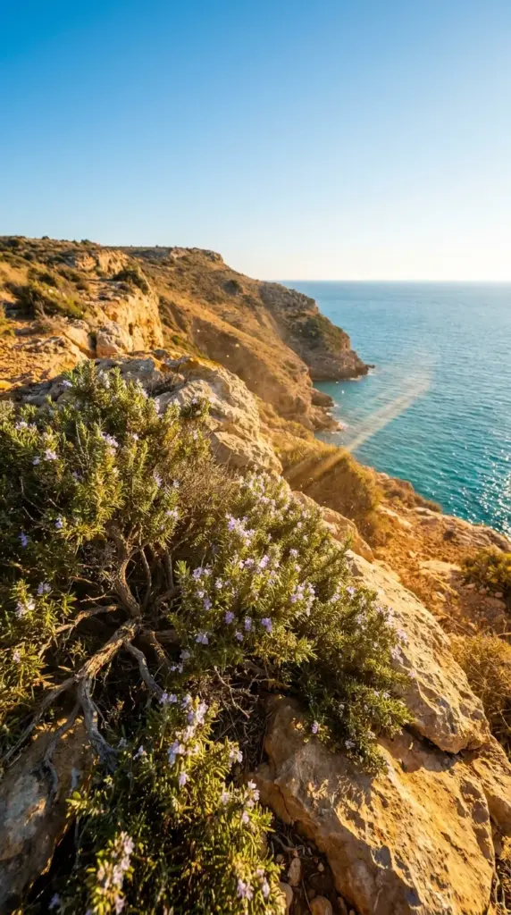 Wild rosemary bushes growing out of dry rocky cliffs along the sunny Mediterranean coast.