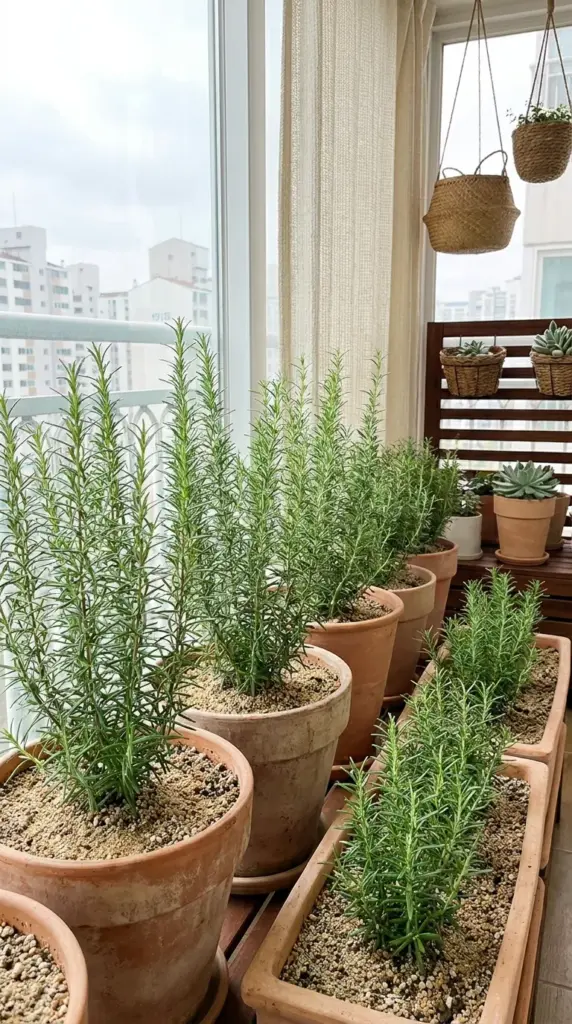 Healthy rosemary plants thriving in well-draining sandy soil mix inside classic terracotta pots on a sunlit windowsill.