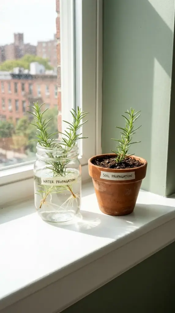 Side-by-side comparison of water propagation and soil propagation methods for rosemary cuttings.