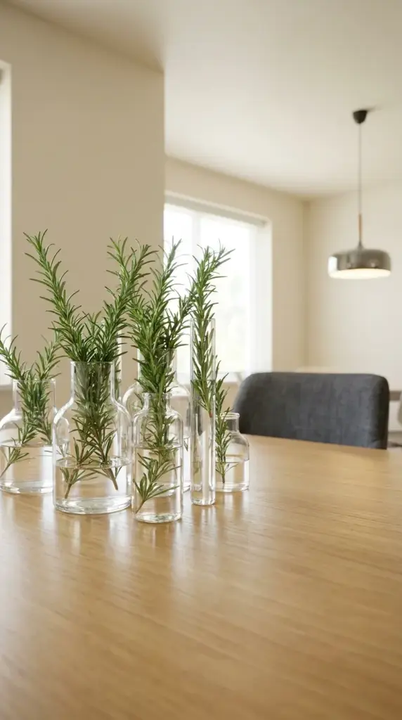 Modern home decor featuring propagated rosemary sprigs in clear glass vases on a wooden dining table.