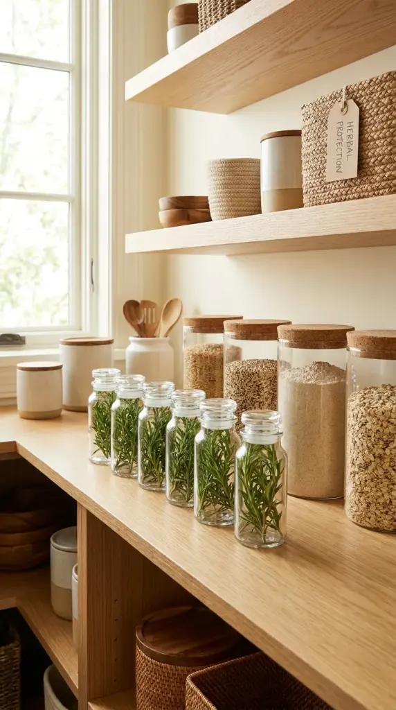 Fresh rosemary sprigs placed on organized kitchen pantry shelves for natural insect and pest repellent.